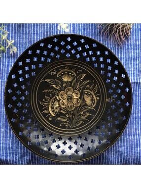 Whimsigoth catch all dish bowl plate goth Black Brass Floral Vintage decor tray